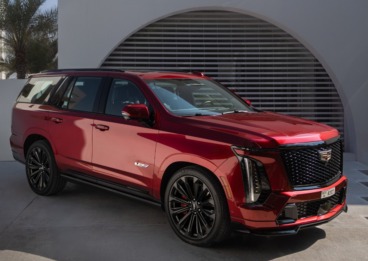 A front 3-4 view of the Cadillac Escalade-V in Radiant Red